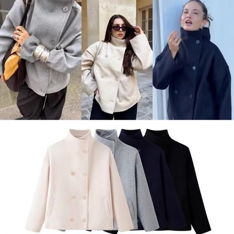 Women Short Woolen Coat Double Breasted Stand Collar Loose Fit Casual Winter Jacket Elegant Solid Color Outwear