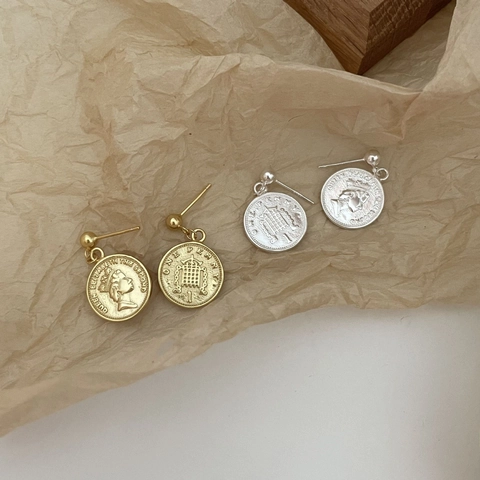 Pendientes De Moneda Vintage Con Poste De Plata De Ley 925 Retrato Reina Isabel Medalla Redonda Retro Británico