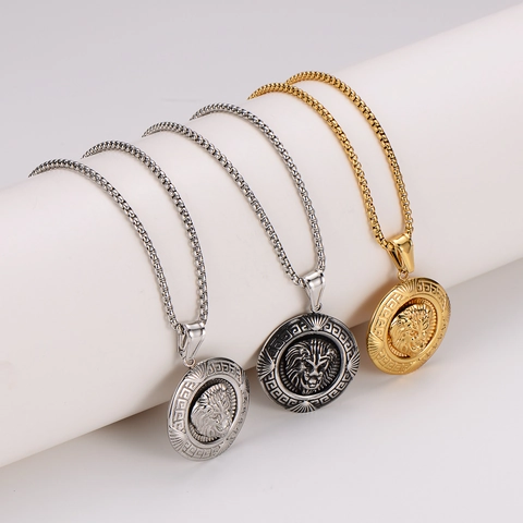 Collar Con Colgante De Cabeza De León Hip Hop Acero Inoxidable 304 Relieve Patrón Griego Meandro Streetwear