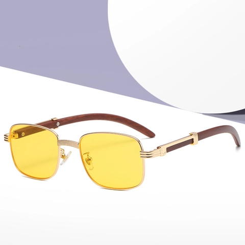 Gafas De Sol Cuadradas Retro Montura De Metal Patillas Grano De Madera Protección UV400 Vintage Rectangular Moda Hip Hop
