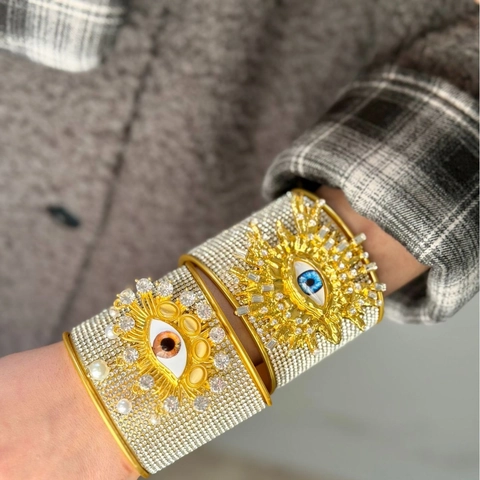 French Retro Luxury Alloy Rhinestone Evil Eye Wide Bangle Fashion Sunburst Runway Cuff Bracelet Artificial Pearl Jewelry For Women