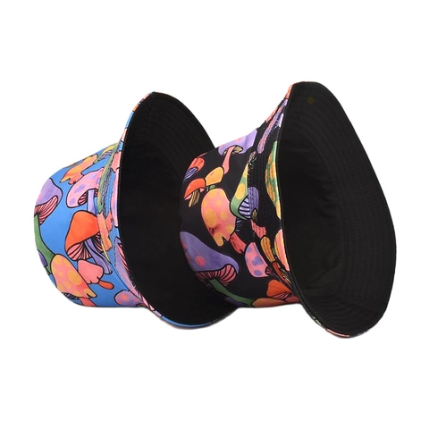 Reversible Bucket Hat Colorful Mushroom Pattern Polyester Sun Protection Outdoor Casual For Adult
