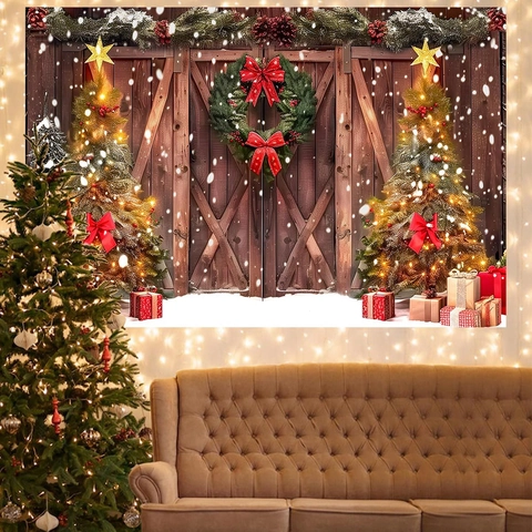 Kerst Fotografie Achtergrond Doek Polyester Schuurdeur Krans Patroon Feestelijke Decoratie Studio Rekwisieten