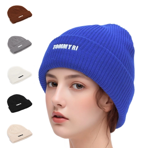 Ribbed Knitted Beanie Hat Soft Acrylic Cuffed Skull Cap Letter Embroidery Warm Winter Headwear For Men Women