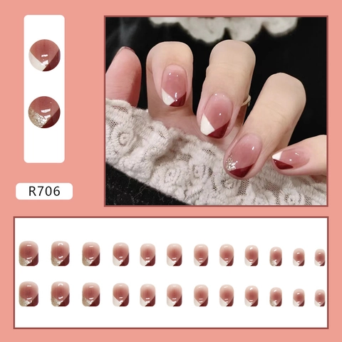 Wine Red Geometric French Press On Nails Short Square Round Glossy Blush False Nails With Gold Glitter Elegant