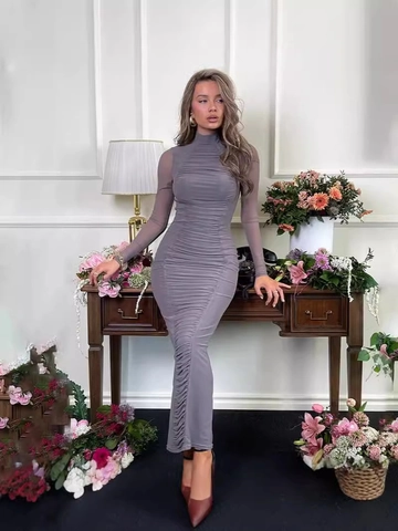 Vestito Maxi Aderente Arricciato Da Donna Collo Alto Maniche Lunghe Patchwork In Mesh Sexy Elegante Tinta Unita