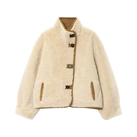 Damen Wildlederjacke Mit Lammwollimitat Stehkragen Kurzmantel Mit Taschen Vintage Streetwear