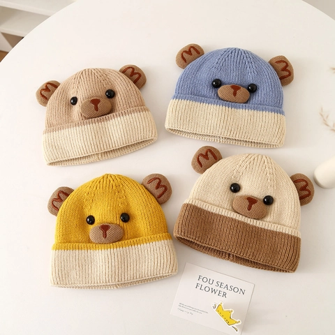 Gorro De Punto Para Niños Lana Acrílica Oso De Dibujos Animados Orejas Color Contraste Invierno Cálido