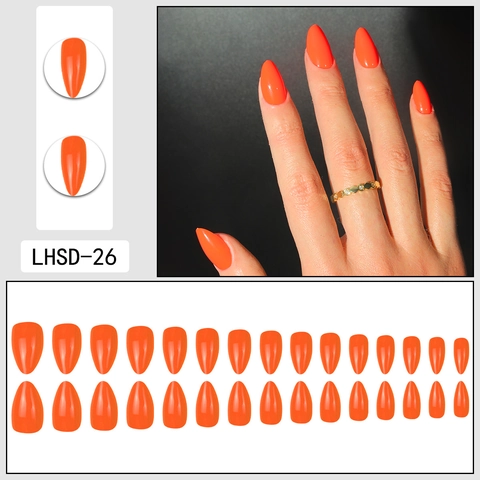 Solid Color Almond Shape Press On Nails Glossy Orange Artificial False Nails Full Cover Manicure Decoration For Women