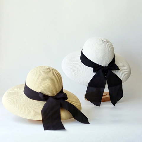 Women Wide Brim Straw Hat Paper Material Sun Protection Beach Vacation French Vintage Ribbon Bow Elegant Foldable Sunshade