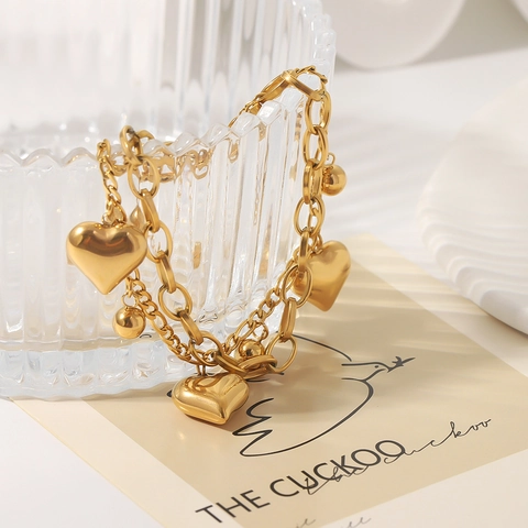 Double Layer Stainless Steel Bracelet With Hollow Heart Pendants And Beads 18K Gold Plated Jewelry For Women
