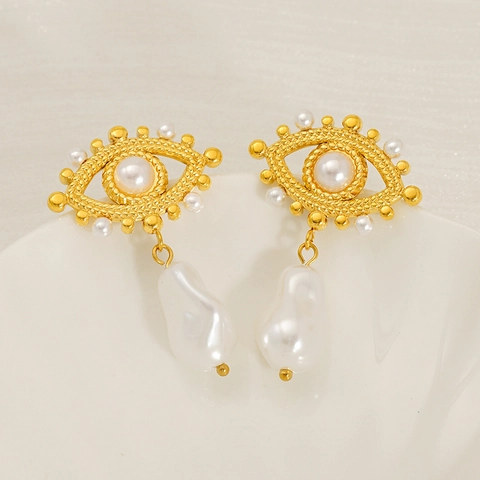 Evil Eye Tropfenohrringe 18K Vergoldet Edelstahl Künstliche Barockperle Emaille Retro Boho Schmuck Für Frauen