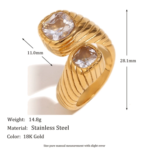 Vierkante Zirkoon Open Ring Roestvrij Staal 18K Verguld Gedraaide Spiraal Bypass Vinger Sieraden Voor Vrouwen