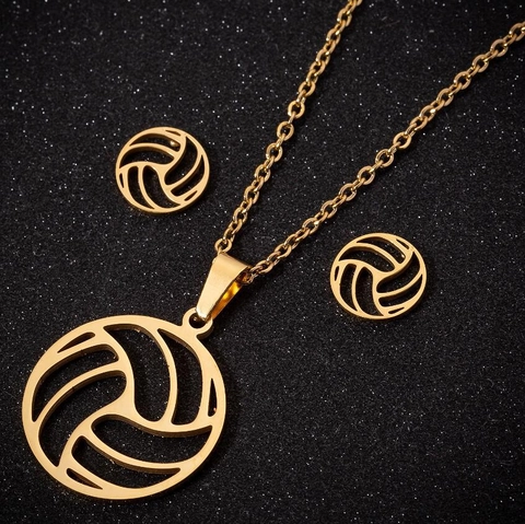 Volleyball Necklace And Stud Earrings Stainless Steel Hollow Sports Pendant Jewelry For Women Men Gold Silver