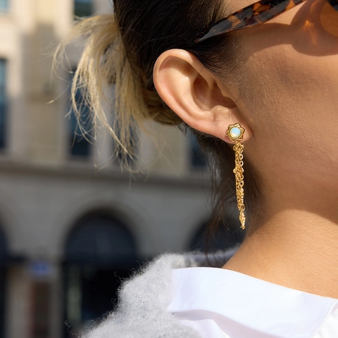 18K Vergoldeter Edelstahl Blumen Kleeblatt Lange Quaste Ohrringe Elegante Künstliche Perle Holzkette Hängeohrringe Schmuck Für Damen