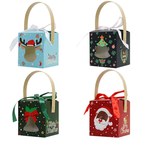 Boîtes Cadeaux De Noël Portables Fenêtre Emballage Bonbons Fête Avec Nœud Père Noël Renne Style Festif