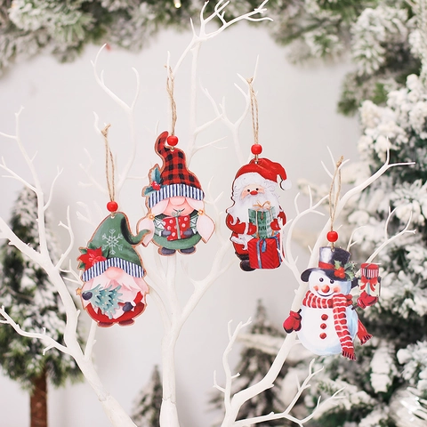 Ornamenti Appesi In Legno Di Natale Ciondoli Cartone Animato Babbo Natale Pupazzo Di Neve Gnomo Con Corda Di Canapa
