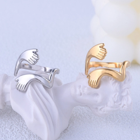 Bague Mains Qui S'Embrassent Acier Inoxydable Ajustable Ouverte Hip Hop Bijoux Uniques Hommes Femmes