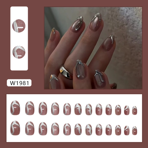 Ψεύτικα Νύχια Press On Nails ABS Cat Eye Υγρό Μέταλλο Ασημί 3D Γραμμή Οβάλ Αμύγδαλο Μόδα Μανικιούρ Για Γυναίκες
