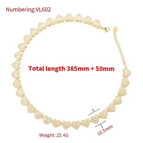 Parure de Collier et Bracelet à Maillons en Cœur en Cuivre de Luxe pour Femmes Mode Bijoux Hip Hop en Forme de Cœur en Zircone