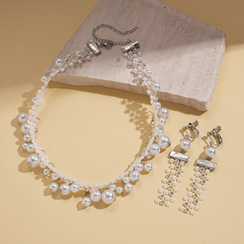 Baroque Faux Artificial Pearl Rhinestone Necklace And Clip Earrings Vintage Elegant Fashion Jewelry For Women