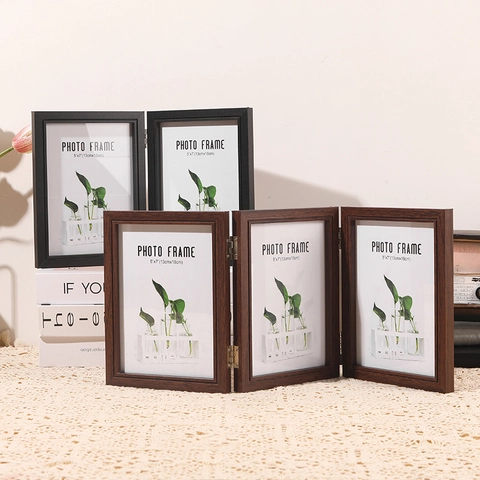 Cadre Photo Pliable Table Combiné Cadre Photo MDF Grain De Bois Charnière Affichage De Bureau Style Vintage