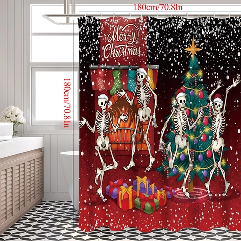 Christmas Shower Curtain Waterproof Polyester Holiday Winter Print With Non-Slip Bathroom Mats And Toilet Lid Cover