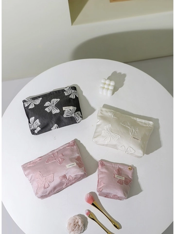 Trousse Maquillage Jacquard Nœud Coton Sac Cosmétique Organisateur Toilette Portable Fermeture Éclair Voyage Rangement Femmes