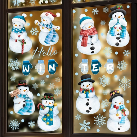 Pegatinas Estáticas de Ventana de Navidad con Muñeco de Nieve para Decoración de Vidrio Lindos Patrones Invierno Copo de Nieve Adorno de Navidad