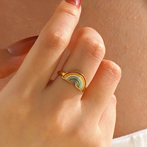 Rainbow Enamel Adjustable Open Ring Stainless Steel Vacuum Gold Plated Boho Fashion Trendy Jewelry For Women