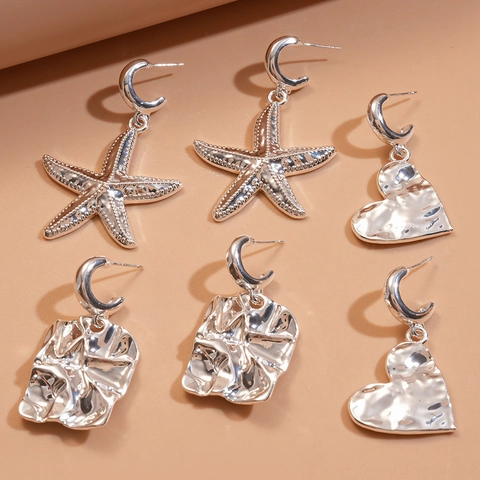 Orecchini Pendenti Martellati Stella Marina Cuore Conchiglia Con 925 Sterling Silver Earring Post Colore Argento Gioielli Donne