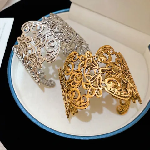 Wide Cuff Bracelet Metal Hollow Floral Filigree Adjustable Open Bangle Vintage Retro Jewelry Women