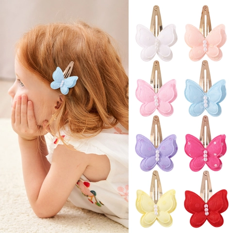 Butterfly Hair Clips Handmade Polyester Fabric Polka Dot Artificial Pearl Double Layer Sweet Hair Accessories For Girls Kids