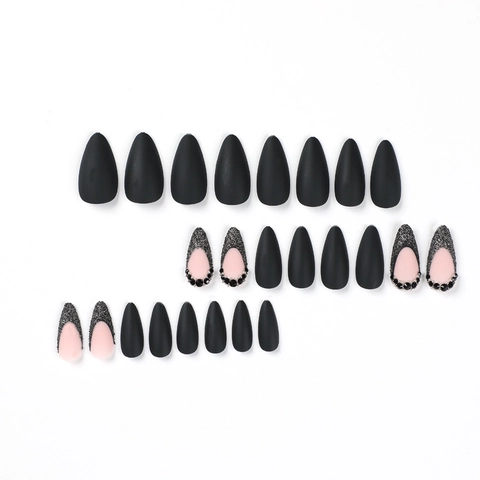 Uñas Postizas Negras Mates Francesas Stiletto Uñas Largas Con Diamantes De Imitación Brillo Rosa Uñas Artificiales