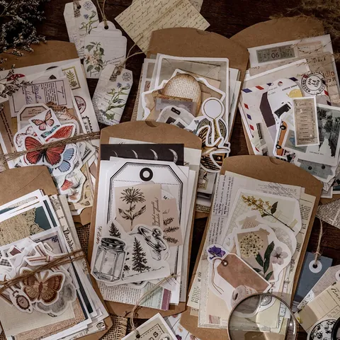 Vintage Scrapbooking Material Kit Paper Washi Stickers Retro Butterfly Mushroom Moon Phase Old Newspaper Journaling DIY