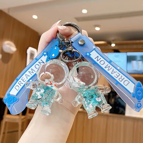 Portachiavi Astronauta Spaziale Sabbie Mobili Liquide Paillettes Acrilico Pendente Borsa Blu Cinturino PVC Regalo Originale