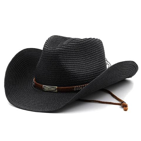 Chapeau De Cow-Boy En Paille À Bord Large Protection Solaire Été Plage Avec Cordelette De Serrage Réglable Unisexe