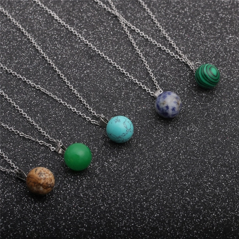 Collier Pendentif Pierre Naturelle Boule Ronde Chaîne En O Acier Inoxydable Bijoux Style Vintage Pour Femme