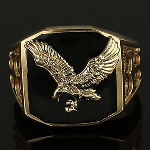 Eagle Signet Ring Men Alloy Gold Plated Vintage Punk Relief Carving Animal Motif Biker Hip Hop Jewelry
