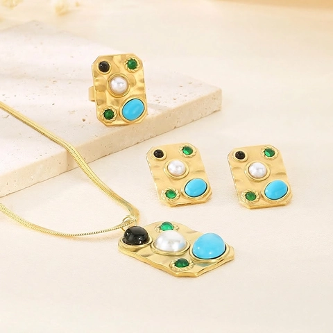 Vintage Court Style Edelstahl Schmuckset Halskette Ohrringe Ring Künstliche Perle Türkis Böhmisches Modeaccessoire Für Frauen