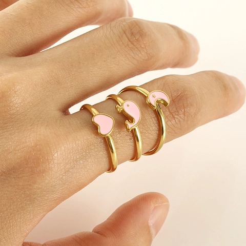 Heart Dolphin Moon Star Open Adjustable Rings 18K Gold Plated Stainless Steel Pink Enamel Cute Fashion Jewelry For Women