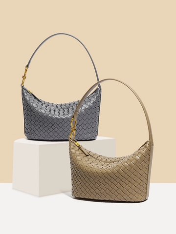 Damen Gewebte PU Leder Hobo Schultertasche Mit Metallic Knoten Riemen Crescent Unterachsel Handtasche Vintage Minimalistisch Lässig