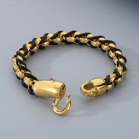 Bracciale Uomo Acciaio Inossidabile E Pelle Intrecciata Motivo Greco Retro Gioielli Punk Tendenza Accessorio