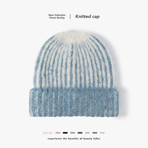 Women Winter Striped Knitted Beanie Hat Thick Warm Cuffed Wool Blend Thermal Headwear Outdoor Fashion Cap