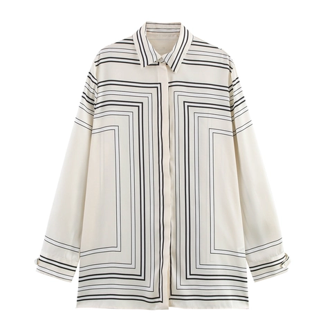 Women Satin Blouse Minimalist Geometric Line Print Long Sleeve Button Down Shirt Loose Commuter Tops