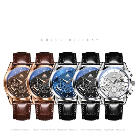 OLEVS Men's Multi-Function Quartz Watch Chronograph Waterproof Luminous Date Business Sport Leather Strap Wrist Watch