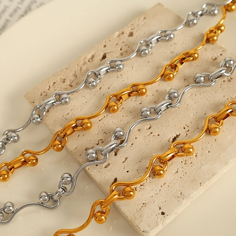Collana E Bracciale In Acciaio Inossidabile Catena A Forma Di S Con Perle Tonde Ciondolo Lucky Moda Donna