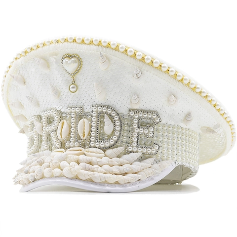 Cappello Capitano Sposa Paillettes Nautico Conchiglia Perla Artificial Addio Nubilato Matrimonio Accessorio Bianco
