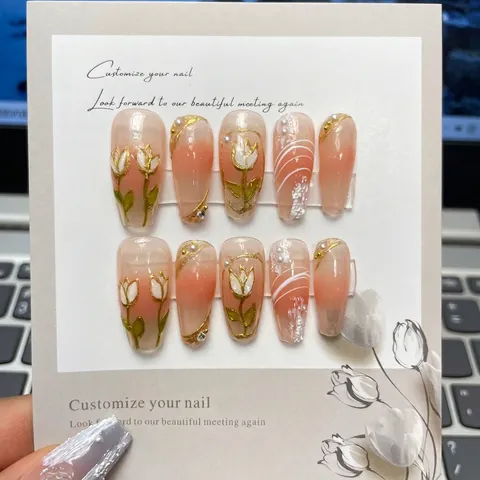 Handmade Tulip Press On Nails Hand Painted Floral Pink Gradient False Nails With Pearl Rhinestone 3D Relief Coffin Round Oval Nails For Women