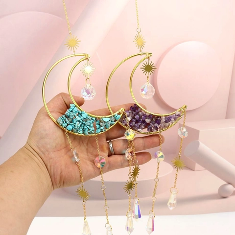 Moon Sun Suncatcher Natural Gravel Stone Metal Alloy Hanging Ornament Boho Crystal Prism Window Garden Decor
